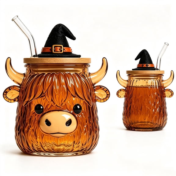 Clearance Halloween Highland Cow Cups with Witch Hat - 12oz Iced Coffee Tumbler with Lid and Straw, Glass Halloween Mugs