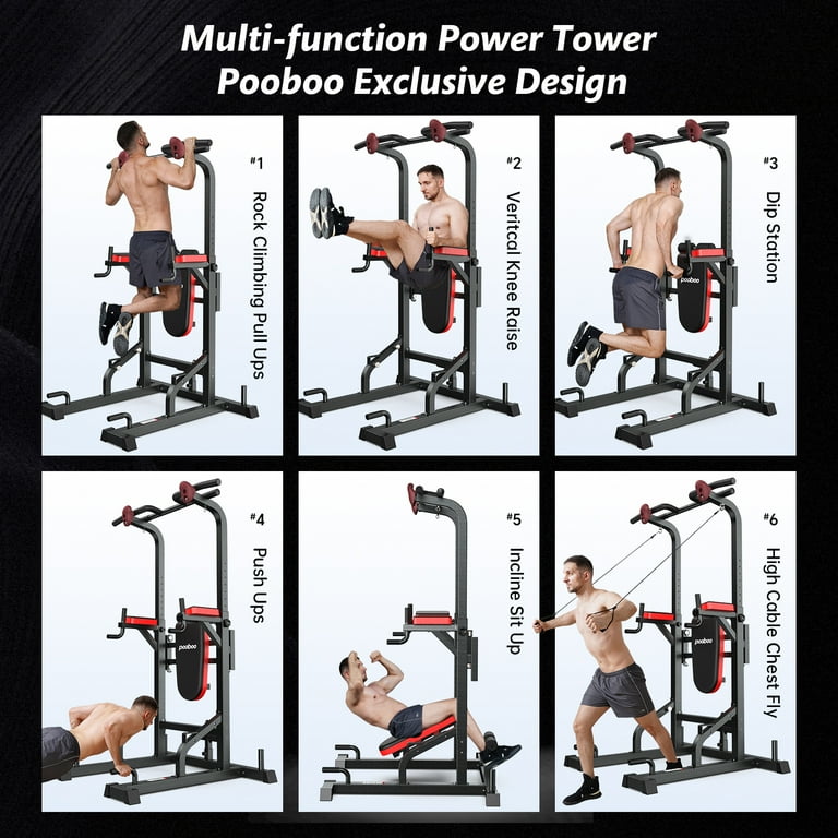 Pooboo Adjustable Body Champ with Incline Bench 480lbs Multifunction Power Tower Dip Station Pull up Bar Power Rack for Home Gym Strength Training Workout Equipment Walmart