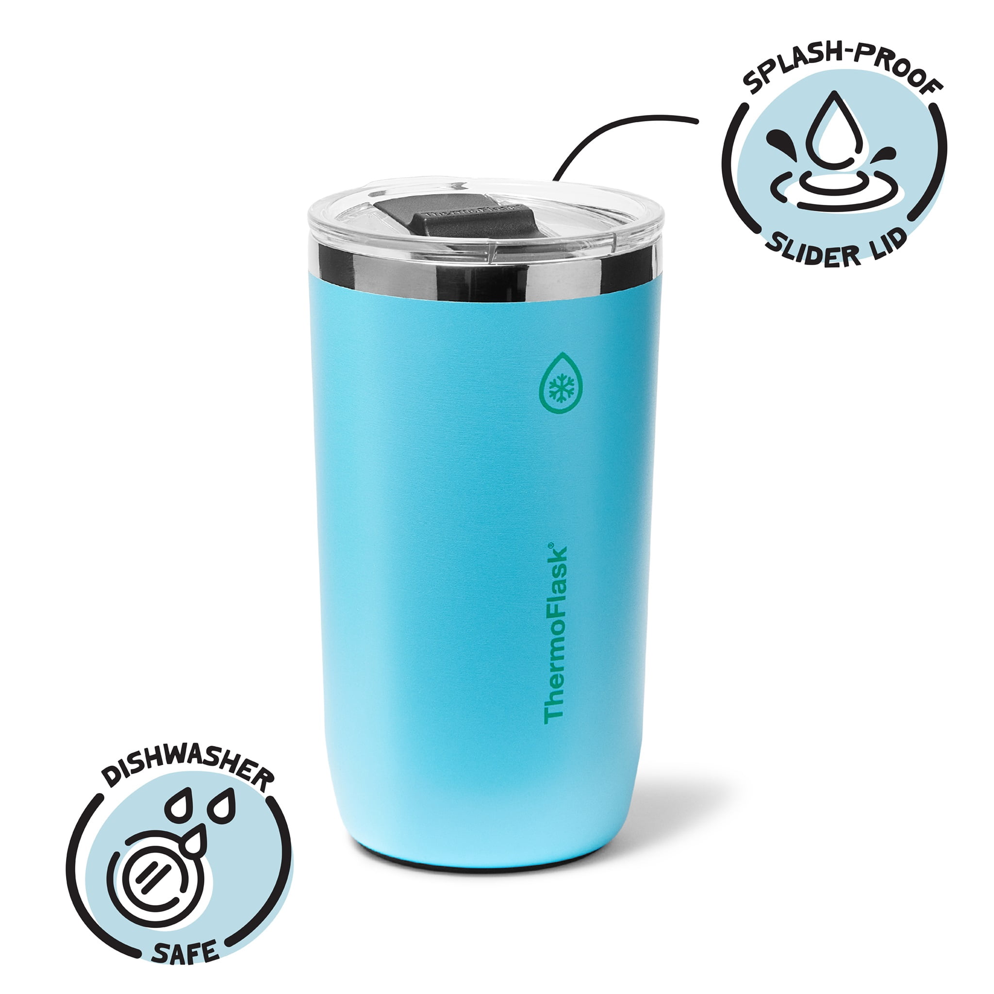 ThermoFlask Drinkware 16 oz Beer Tumbler - Double-Wall Insulated for Cold & Hot Drinks - Lightweight & Simple Cup with Innovative Press In Slider Lid - Modern & Durable - Vivid Blue