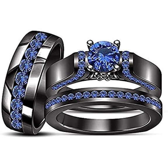 beryl_creation Unisex 925 Sterling Silver 1.65 Ct Round Cut Blue Sapphire Wedding Engagement Trio Ring Set 14K Black Gold Plated For Men's & Women's -7