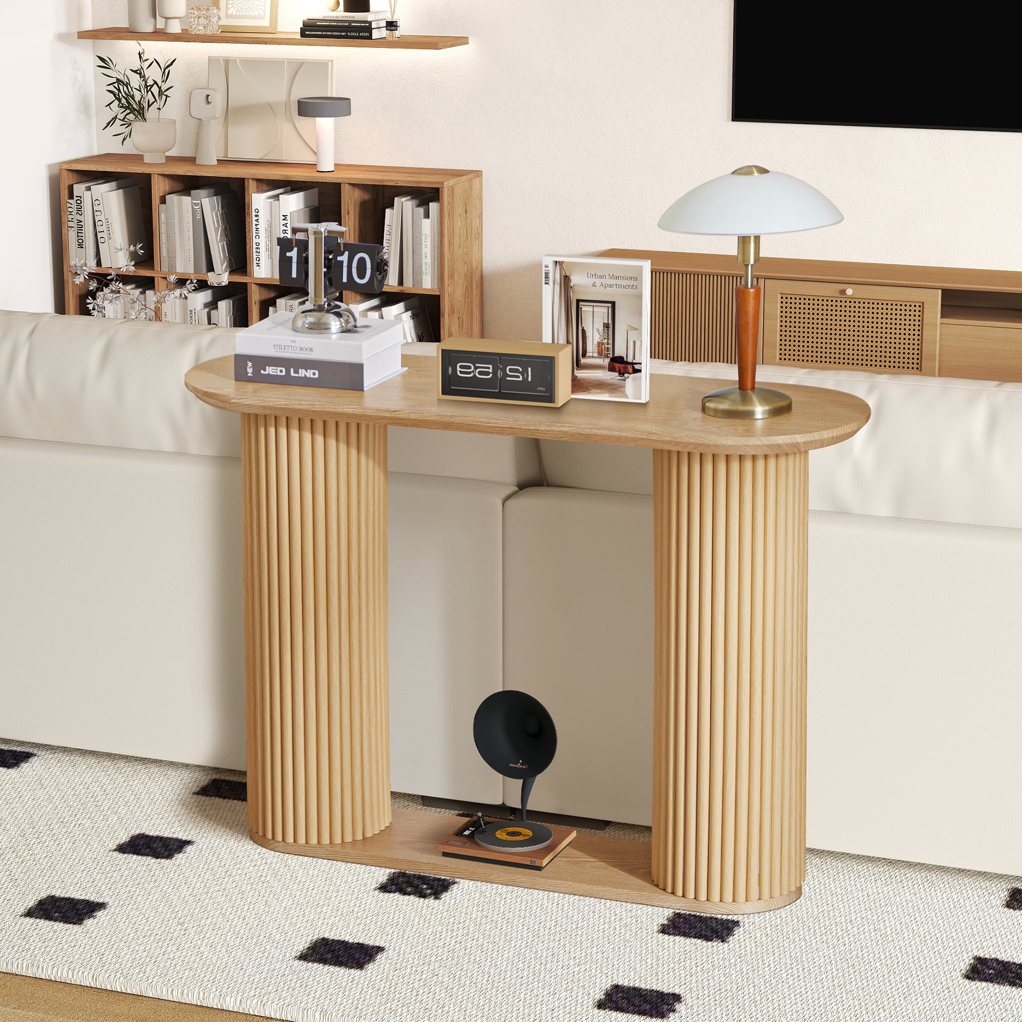 PHOYAL 42.51" Long Natural Console Table with Vertical Stripe, Oval Fluted Sofa Table with Curved Edge Design for Entryway Hallway Living Room