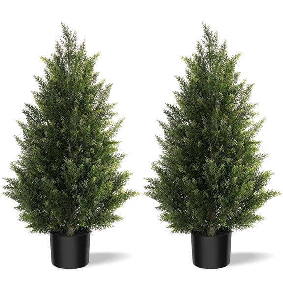 OLIVIVI Artificial Cedar Tree 3FT Tall Faux Silk Plant for Home Office Decor Indoor Outdoor Fake Lifelike Potted Tree with Wood Branches 2 pack