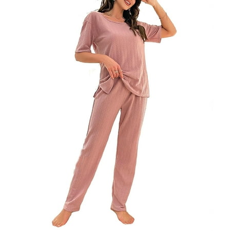 

Casual Solid Round Neck Pants PJ Sets Short Sleeve Dusty Pink Women Lounge Sets (Women s)