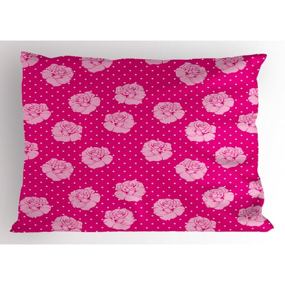 Hot Pink Pillow Sham Vintage Pale Pink Roses on White Dotted Hot Pink Background Love, Decorative Standard King Size Printed Pillowcase, 36 X 20 Inches, Hot Pink Pale Pink White, by Ambesonne