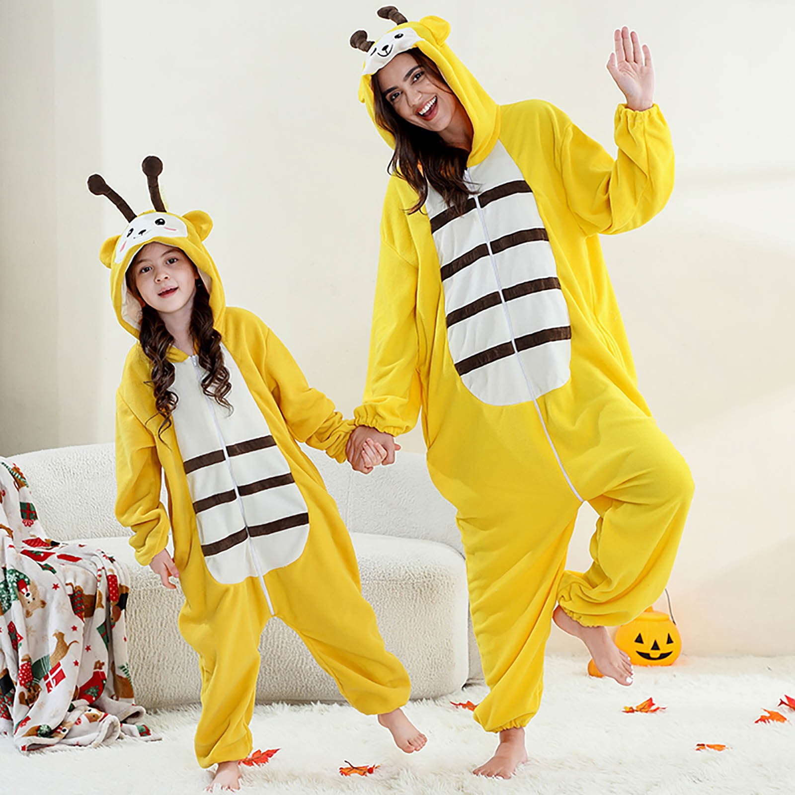 VNKIDY Women Autumn Winter Family Matching Yellow Cute Onesie Pajamas Plush Thermal Long Sleeve Loungewear With Hood Pockets For Home Relaxing Relaxed Set