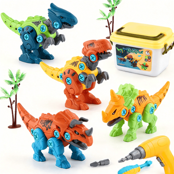 Petbank 4 Pack Take Apart Dinosaur Toys, Dinosaur Toys Set for Kids with Electric Drill, Dinosaur Building Construction Stem Playset, Gift for Boys &Girls Ages 3