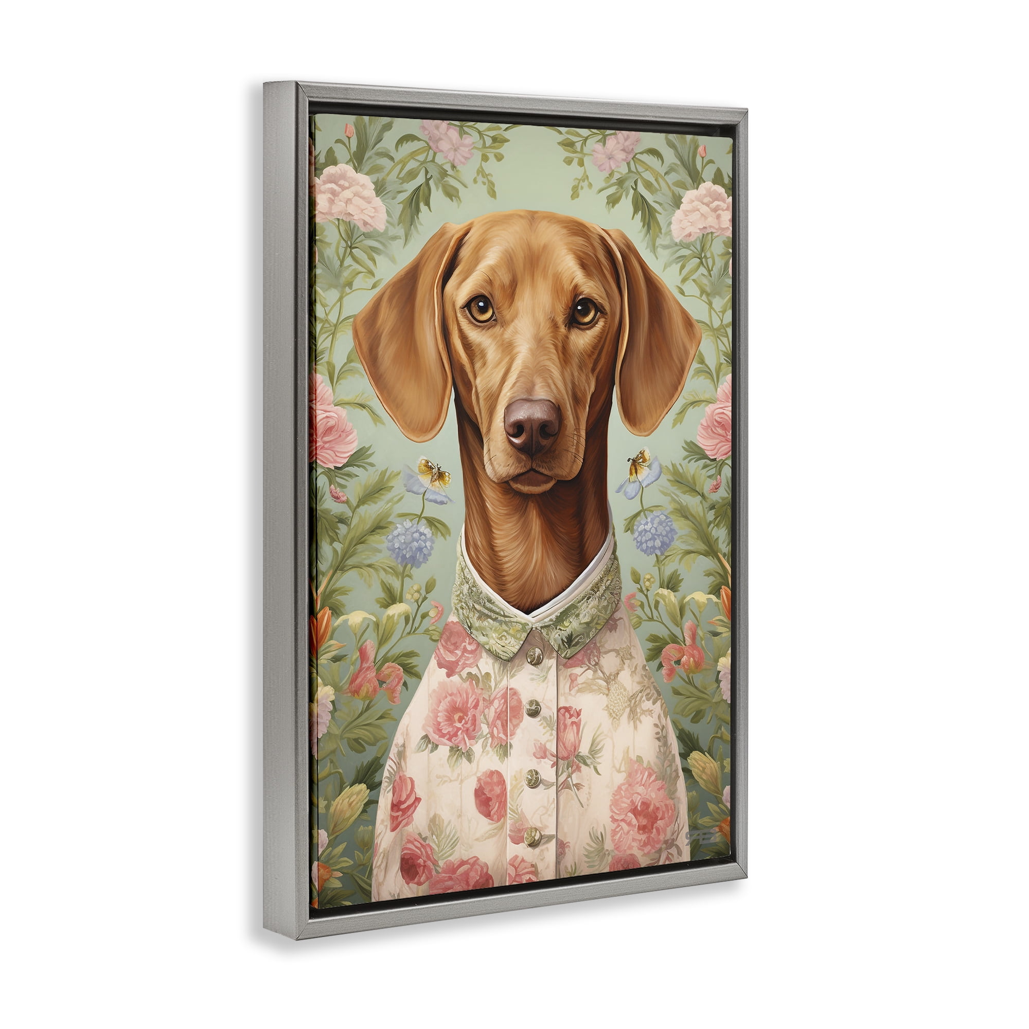 Stupell Industries Tropical Florals Dog Animals & Insects Painting Gray Floater Framed Canvas Art Print Wall Art, 21 x 31