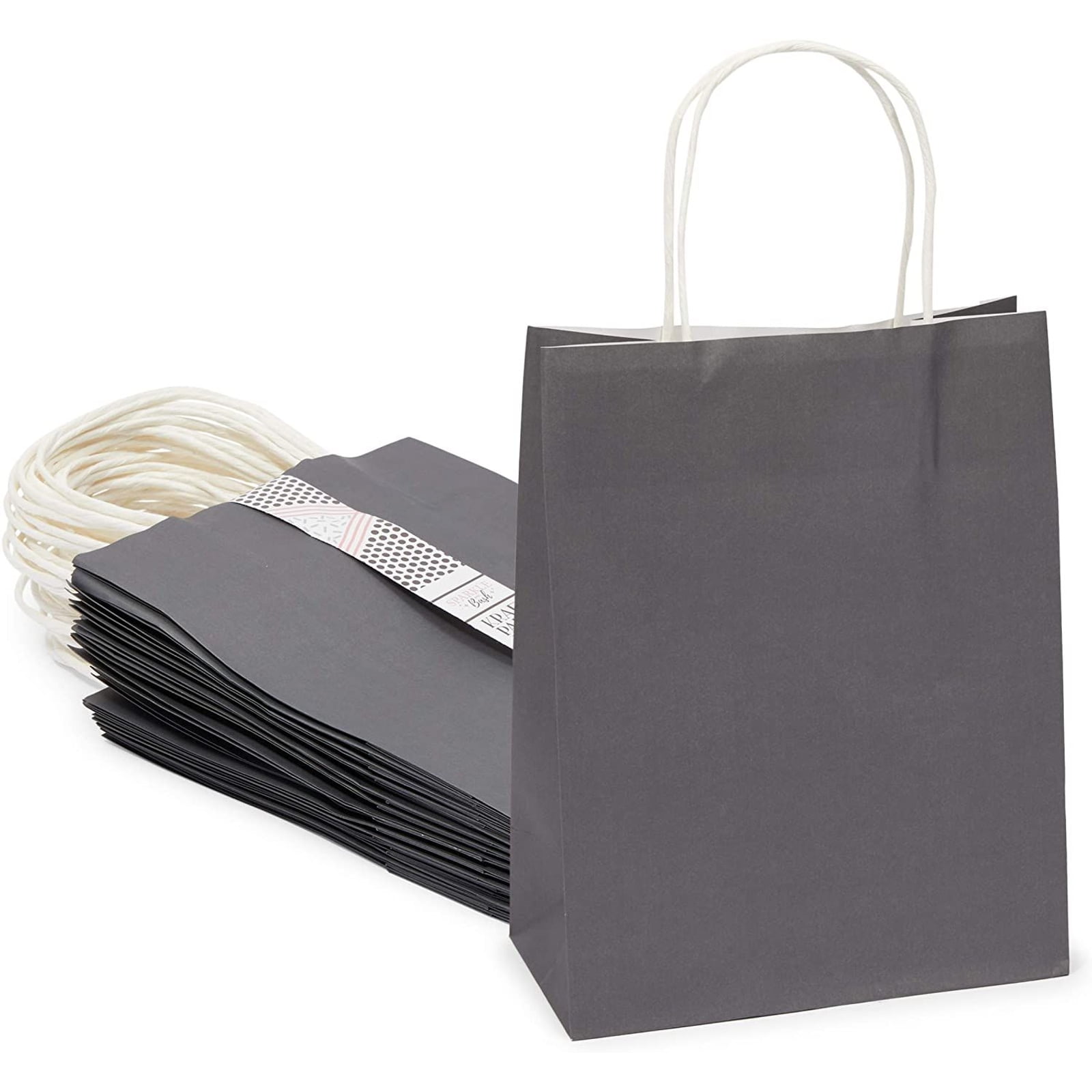 25 Pack Medium Dark Gray Kraft Paper Gift Bags with Handles for Birthday Party Favors Supplies, 8x10x4 in