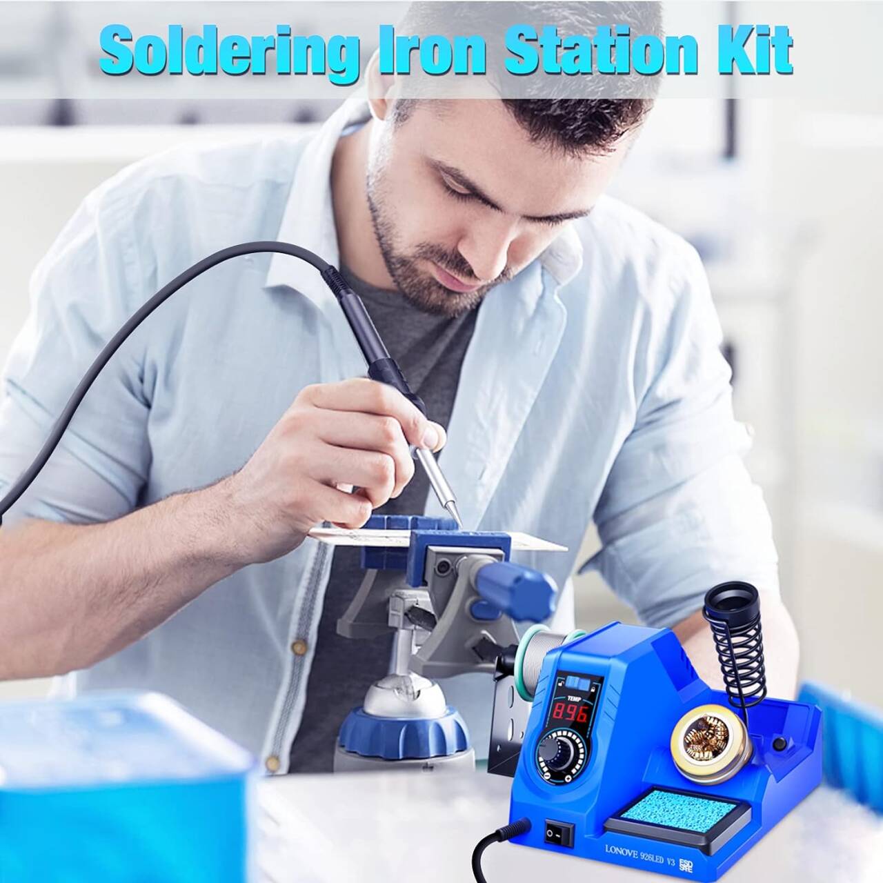 926LED V3 Soldering Iron Station Kit with Lead-free Solder Wire, 5 Soldering Tips, Tip Cleaner, Desoldering Pump with Temperature Control, Sleep Mode, C-F Conversion Function