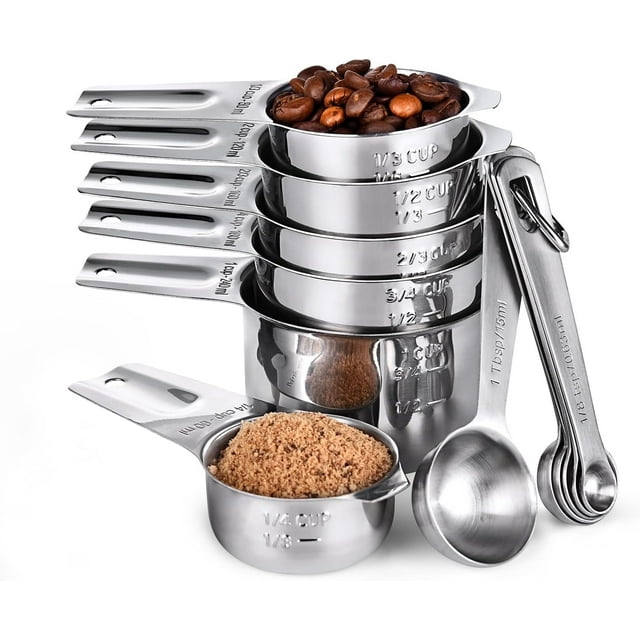 Measuring Cups and Spoons Set: U-Taste 18/8 Stainless Steel Measuring Cups 12 Piece, Kitchen Utensils for Cooking Baking, 6 Metal Measure Cups & 6 Measuring Spoons with 2 D-Rings