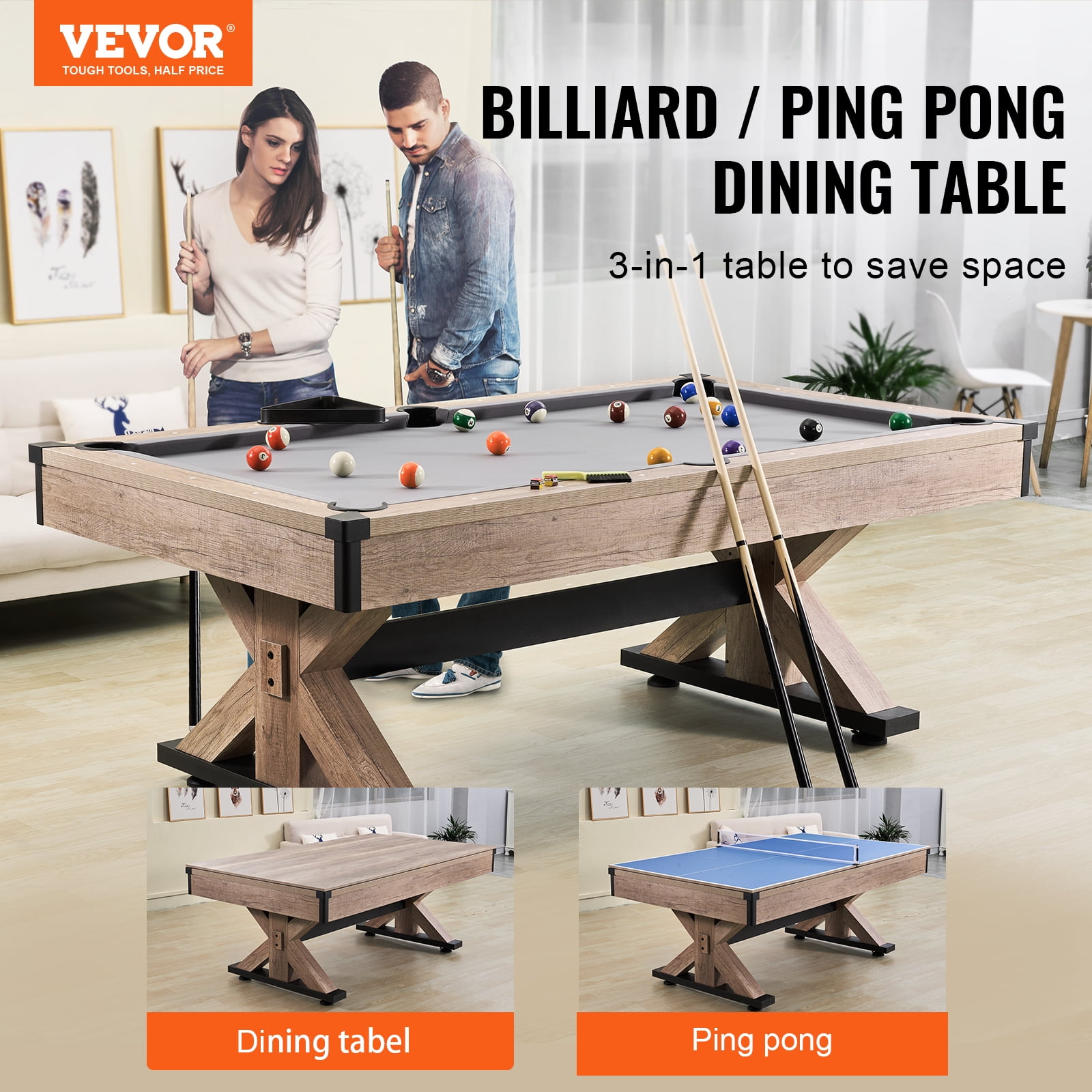 VEVOR Billiards Table Combo Set, 7ft 3-in-1 Multi Game Table with Dining, Pool, and Tennis Table, Includes Full Set of Accessories,Wood Color with Grey Cloth