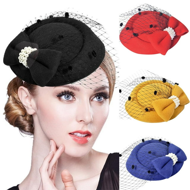 Vintage Couleur Unie Maille Faux Nœud en Perles Femmes Rétro Élégant Fascinateur Pince à Cheveux Fête Chapeau de Derby