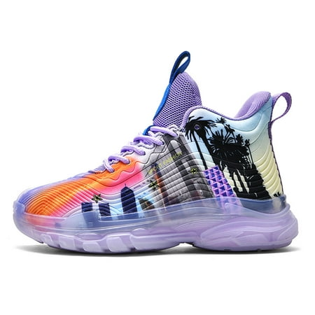 

Boys girls kid basketball shoes Light ventilation Landscape painting durable lace up non-slip Rubber sole Child youth Big Kids cozy lined outdoors sports shoes