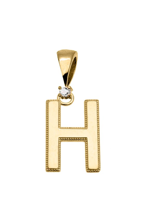 YELLOW GOLD HIGH POLISH MILGRAIN SOLITAIRE DIAMOND "H" INITIAL PENDANT NECKLACE :  14K  Pendant with 18" chain