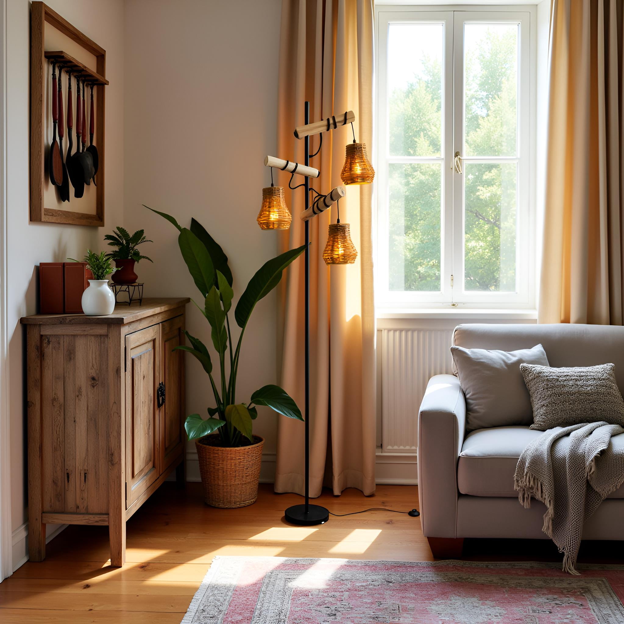 Rattan 3 Lights floor lamp, Wooden Floor Lamps for Living Room, 3 Light Rustic Standing Tall Lamp, Tree wooden Floor Lamp for Bedrooms Room, Office, Bar