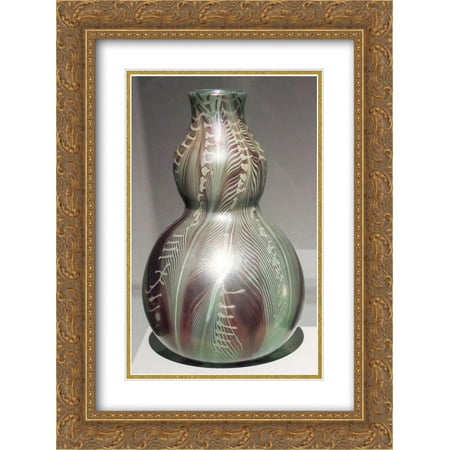Double Gourd Vase (Louis Comfort Tiffany 2x Matted 18x24 Gold Ornate Framed Art Print 'Double gourd-shaped vase with stylized painted leaves)