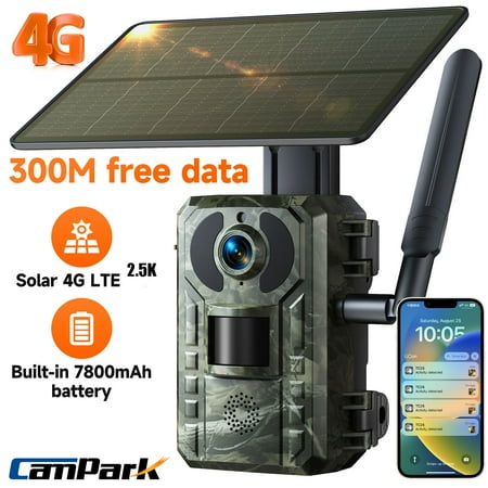 CAMPARK 4G Cellular Solar Trail Camera 2.5K 14MP Hunting Game Camera with Live View and Motion Alerts 940nm No Glow Night Vision and IP66 Waterproof for Wildlife Monitoring