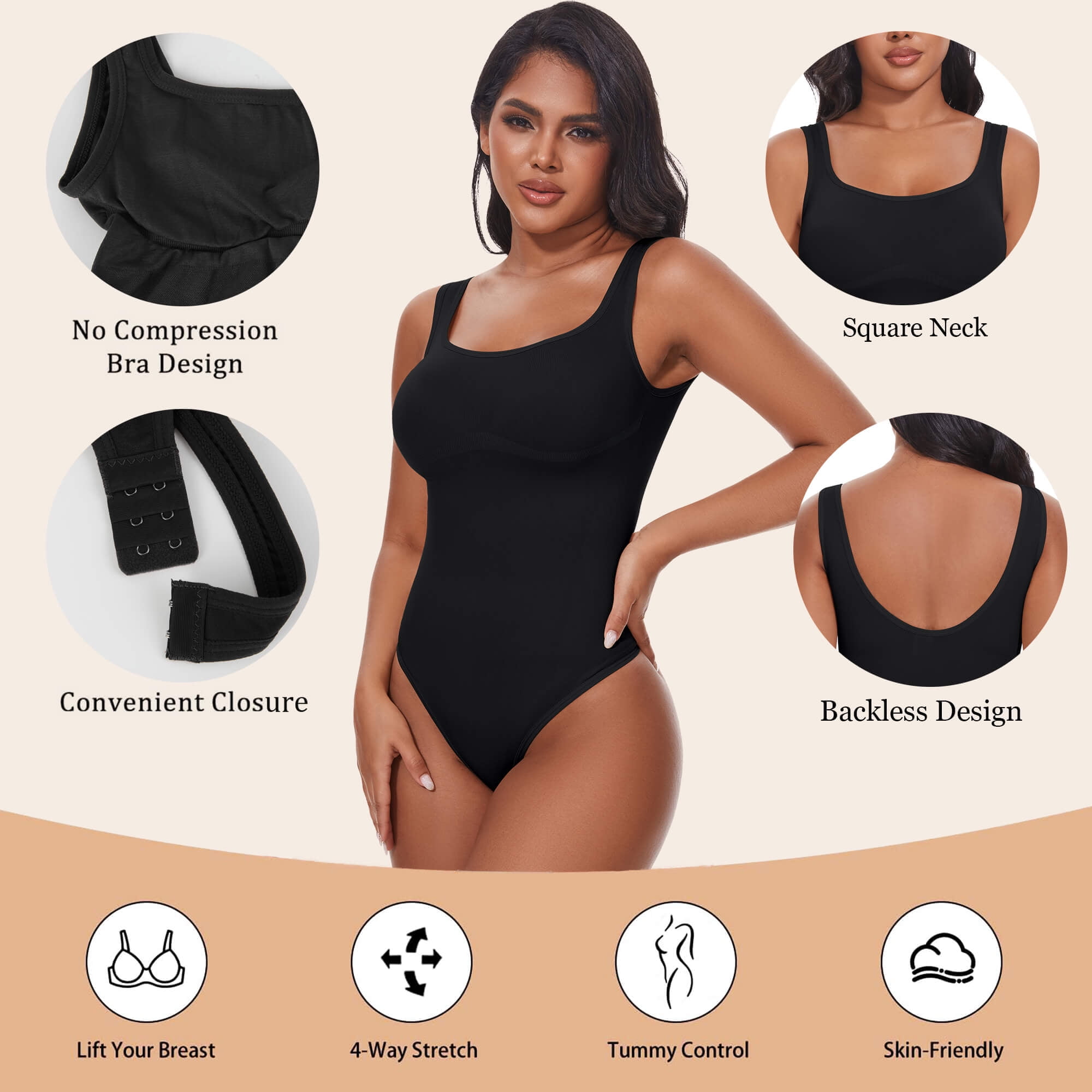 ANYFIT WEAR Backless Square Neck Bodysuit Shapewear for Women Full Body Shaper Tummy Control Butt Lifting Seamless Slimming Tank Top