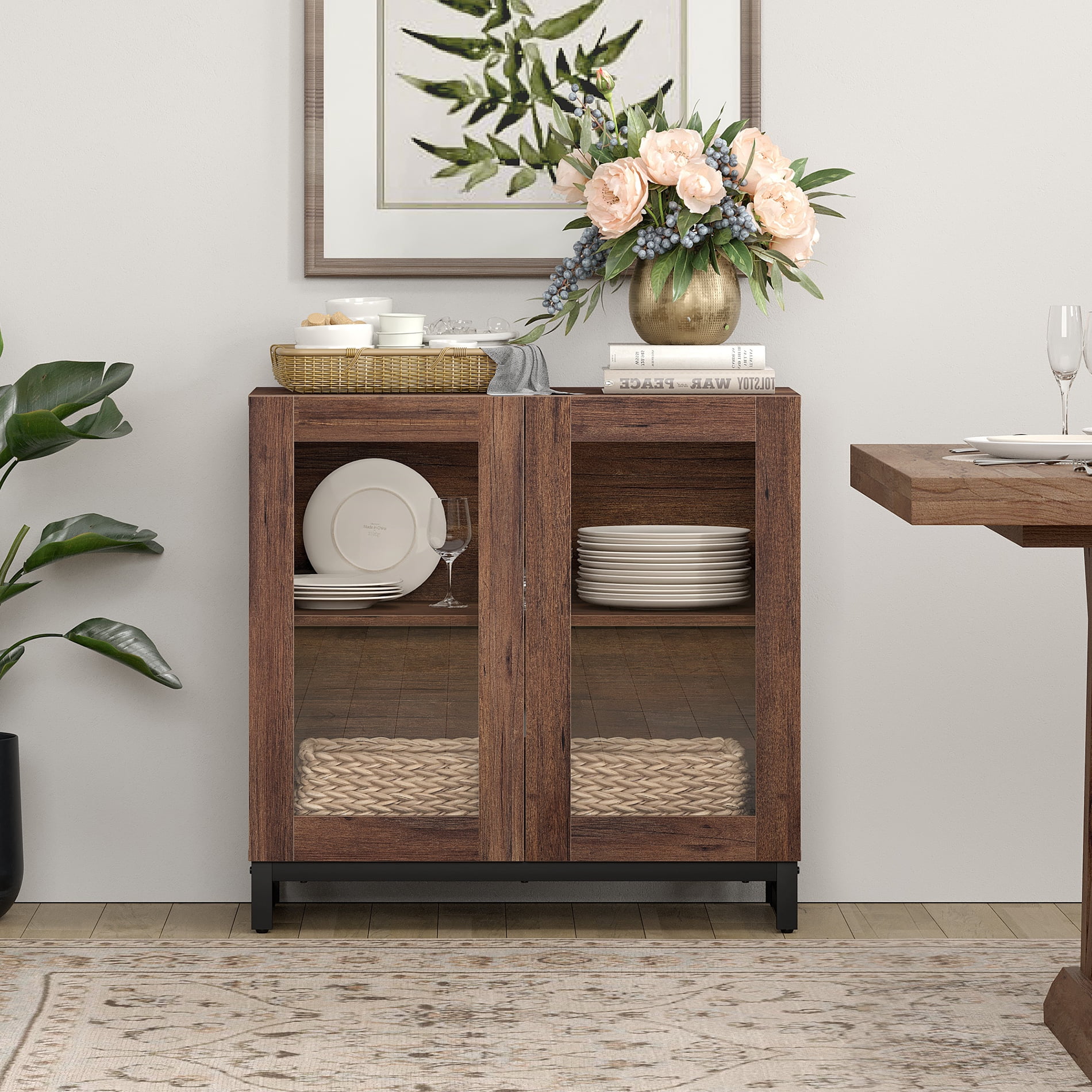WAMPAT Sideboard Buffet Cabinets with Glass Doors, Modern Sideboard Credenza with Adjustable Shelf, Coffee Bar Storage Cabinet for Living Room, Kitchen, Brown