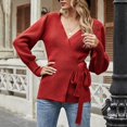 thumbnail image 5 of Baqcunre Sweaters For Women Women'S Fall Winter Wrap V Neck Sweater Balloon Sleeves Ribbed Knitted Pullover Tie Front Top Jumper Tops For Women 2023 Hoodies For Women D L, 5 of 9