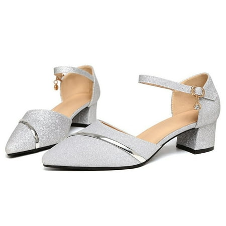 

Aayomet Beach Sandals for Women Women s Summer New Korean Style Fashion Medium Heel Thick Heel Sequin One Line Buckle Casual Silver 6.5