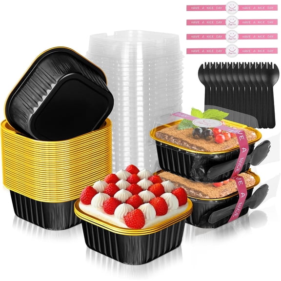 10oz Foil Brownie Pans with and Spoons, 40 Pack Square 4"X4" Disposable Ramekins Muffin Tins,Mini Cake Pans Baking Cups,Individual Cupcake Containers Dessert Cups - Black