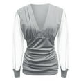 thumbnail image 4 of Women Shirts Women Deep V Neck Tops Slim Fit Puff Long Sleeve Elastic Waist Ruched Wrap Low Cut Blouse Shirt Crop Top,Silver Women Shirts 2XL, 4 of 4