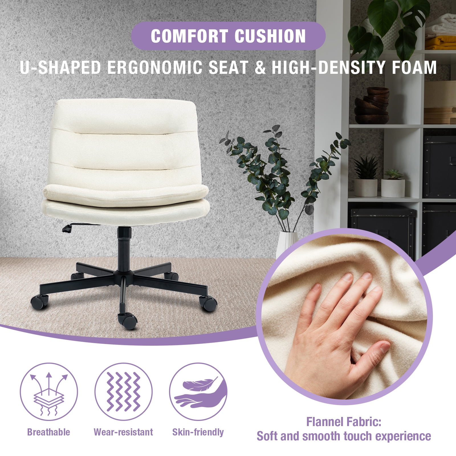Criss Cross Legged Chair Ergonomic Home Office Desks Chair with Casters, Armless Wide Comfy Vanity Desk Seat Swivel Rolling Computer Chair, Adjustable Height, Rocking Function, Beige