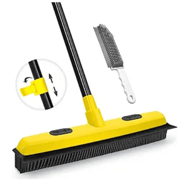 JEHONN Rubber Broom with Squeegee, Pet Hair Removal Long Handle(Yellow)