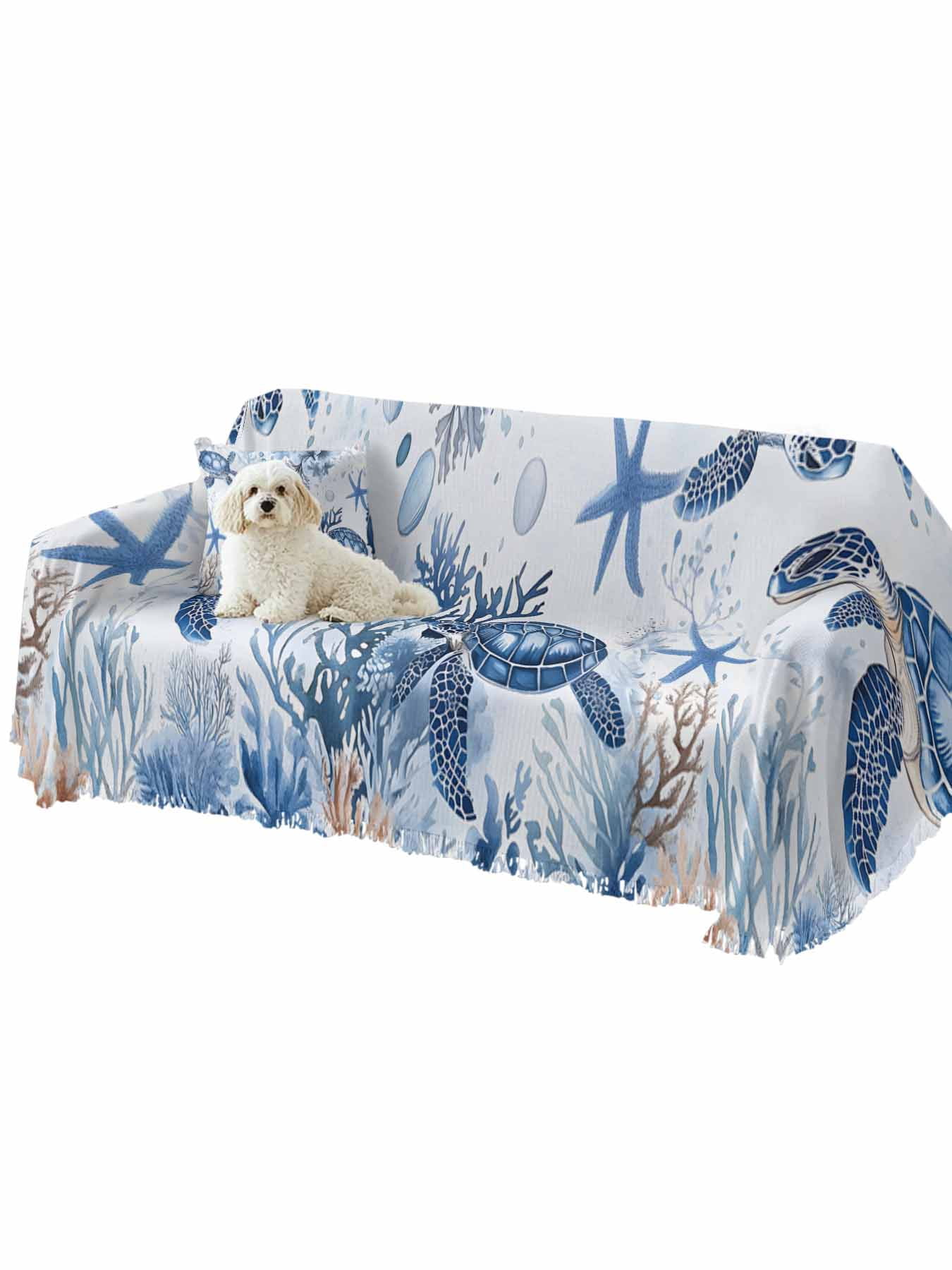 Summer Beach Coastal Sofa Covers for 2-3 Cushion Couch L-Shaped Sectional, Sea Turtle Coral Nautical Washable Sofa Covers Slipcover for Living Room Furniture, Couch Cover Blanket 71"x134"