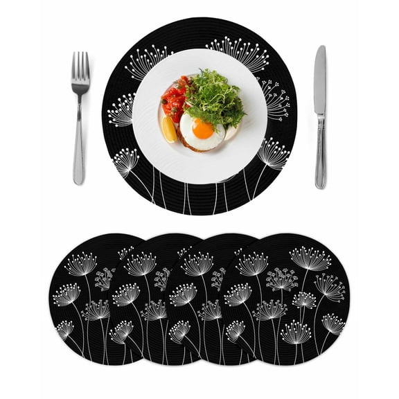 Spring Dandelion Round 15 Inch Placemats Set of 4, Modern Country Flower Black White HeatResistant Non Slip Place Mats for Dining Table, Wipeable Braided Kitchen Table Mats for Housewarming