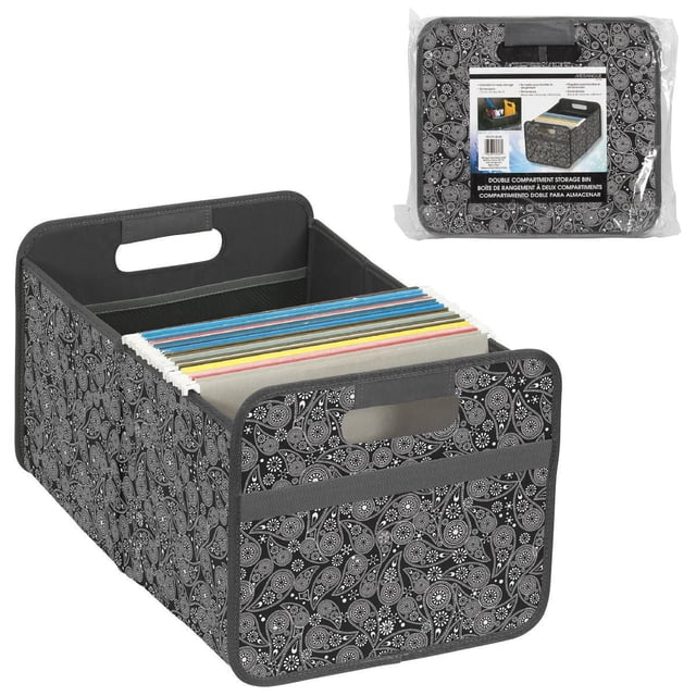 Collapsible black and white paisley patterned 2 compartment storage bin filled with colorful hanging file folders, displayed next to packaged product.