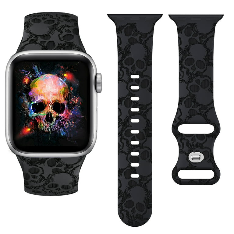 Wearlizer Halloween Skull Engraved Silicone Band Compatible with Apple Watch Band 42mm/44mm/45mm/49mm Women Men for iWatch Series 8/7/6/5/4/3/2/1/se
