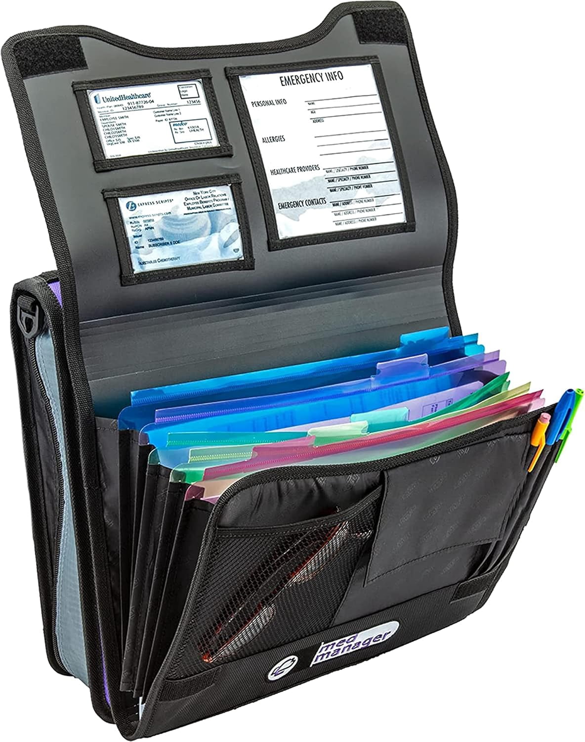 Med Manager Medium Diabetic Medicine Organizer and Portable Medical Binder, Insulated and Syringe Pouches, 6-Pocket 5-Tab Expanding File Folder, Holds 15 Pill Bottles, Purple, 13 x 13 x 4.5 inches