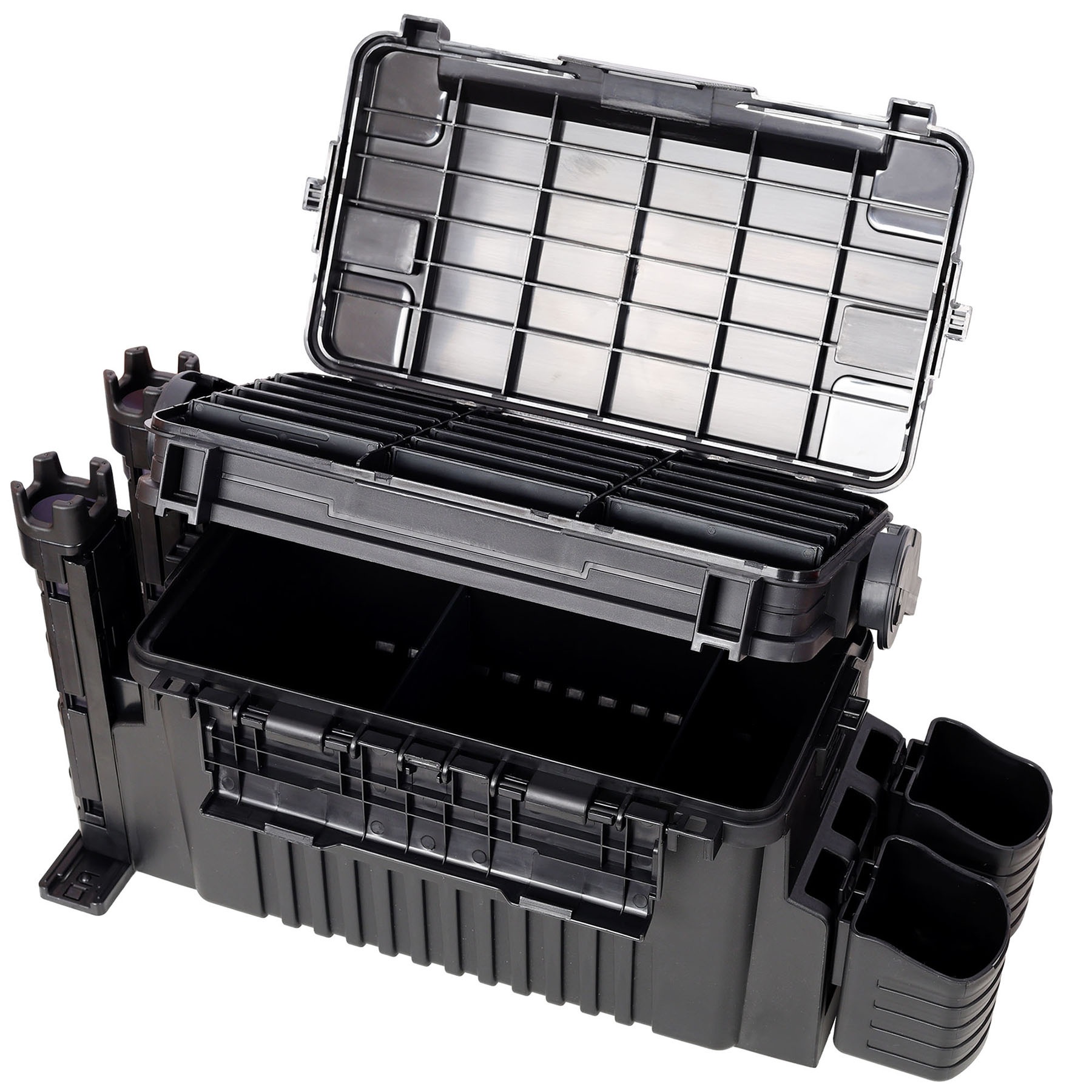 Large Dual-Layer Fishing Tackle Box Organizer With 2 Rod Holders And Cup Holders For Outdoor Fishing Adventures
