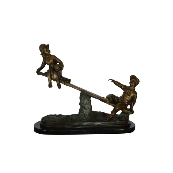 Boys Playing Seesaw on a Marble Base Bronze Statue - Size: 22"L x 8"W x 17"H.