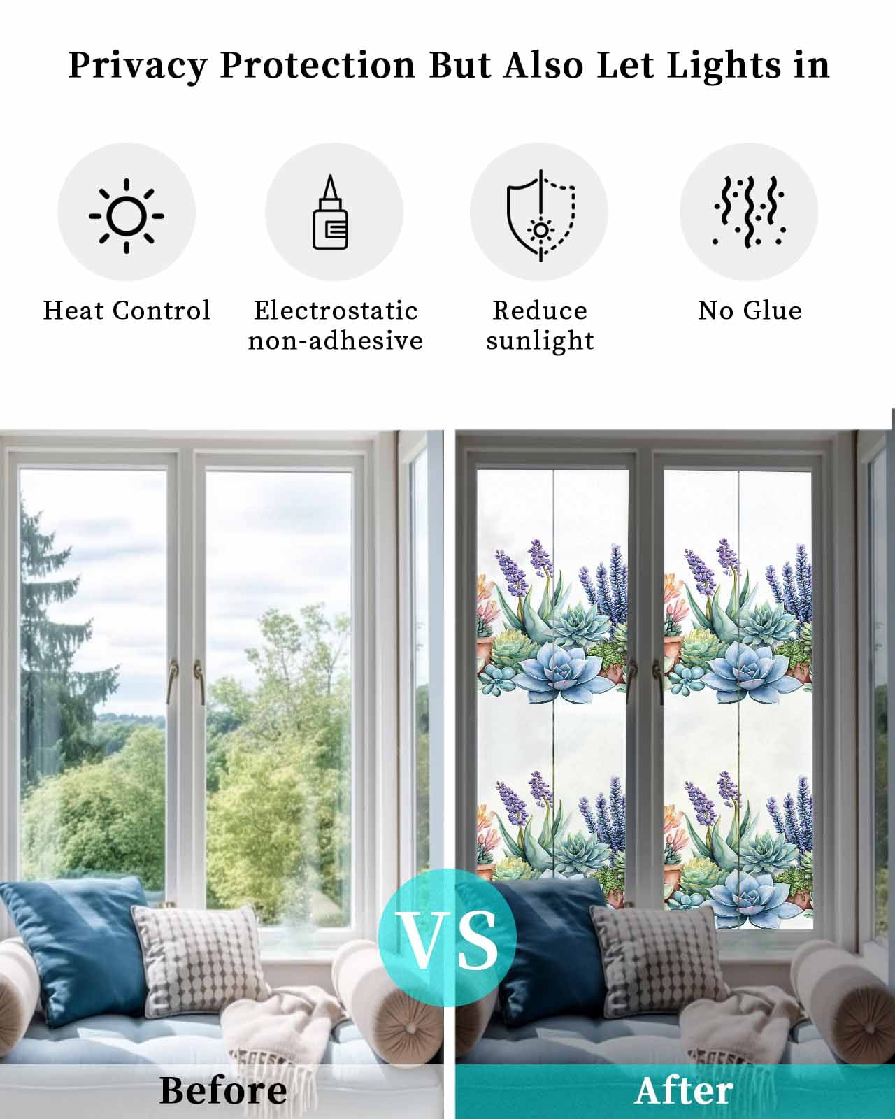 Window Privacy Film Succulent Stained Glass Window Film Decorative Sun Block Window Cover Spring Botanical Tropical Flower Window Clings Static Adhesive Sticker for Bathroom 29.5"x118"
