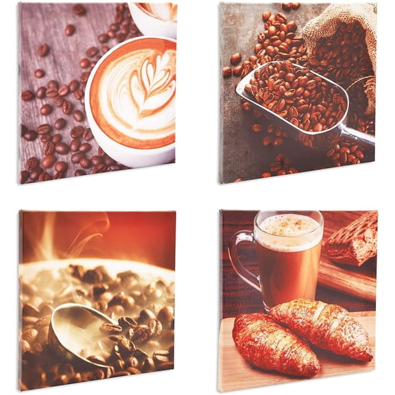 Coffee Canvas Wall Art Set, Modern Kitchen Decor (12 x 12 In, 4 Pack)