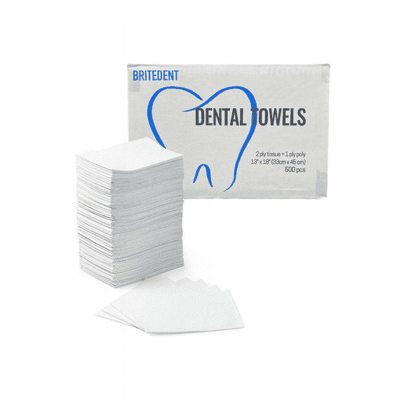 BRITEDENT Disposable Dental Patient Bibs 13" x 18" – White, 2-Ply Paper/1-Ply Poly, 500 Pack, Waterproof Dental Towels for Dental Offices, Tattoo Shops, and Senior Care