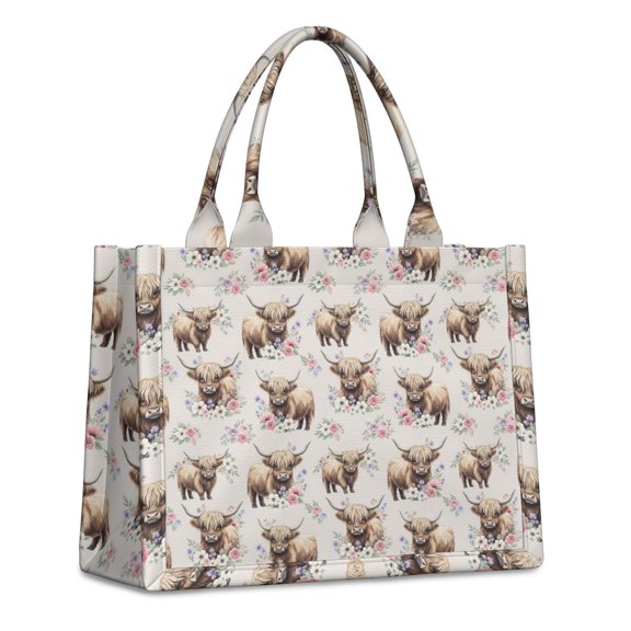 Large Capacity Tote Bag,Beige Highland Cow Flower Pattern Handbag Fashion Luxury Tote Bag,15.7"x13"x 5.1" Inches,Laptop Compatible