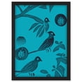 thumbnail image 1 of Linocut Vintage Blue Birds Jungle Pattern Illustration Teal Artwork Framed Wall Art Print A4, 1 of 4