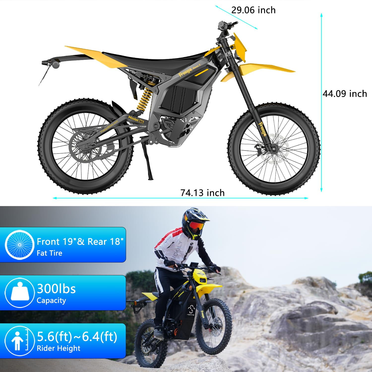 Freego Nova 5 Electric Dirt Bike for Adults,8000W Peak Mid-Drive Motor,72V 40Ah Battery,53 MPH,380N.m Torque,19"/18" Off-Road Tires,Hydraulic Disc Brakes
