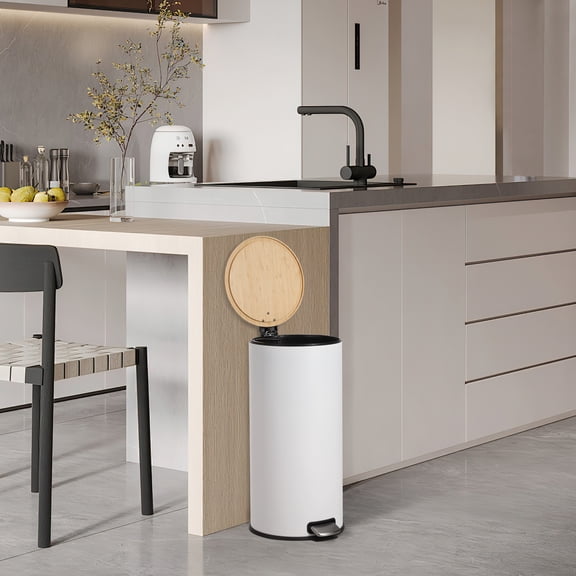 Trash Can, Garbage Can 30L 8 Gallon Stainless Steel Step Bin with Soft-Close Bamboo Lid, Removable Inner Bucket, Foot Pedal, Round Waste Bin for Kitchen Bathroom, Living Room, White