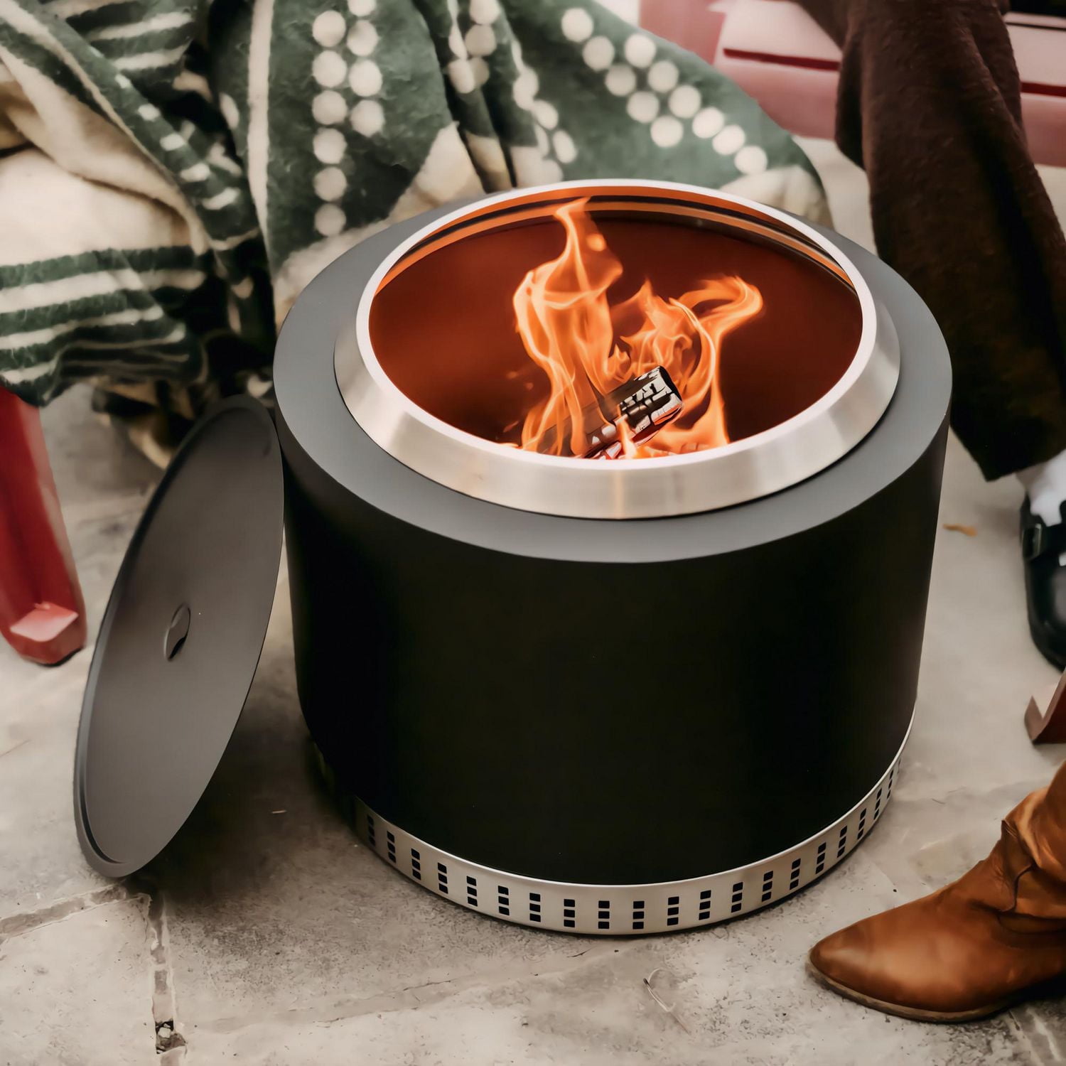 Muskoka 19.5" Black Steel/Stainless Steel Smokeless Wood Fire Pit with Lid, Poker & Protective Cover