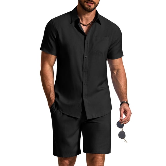 COOFANDY 2 Piece Set for Men Cruise Outfits Set Mens Summer Vacation Outfit Short Sleeve Button Down Shirts