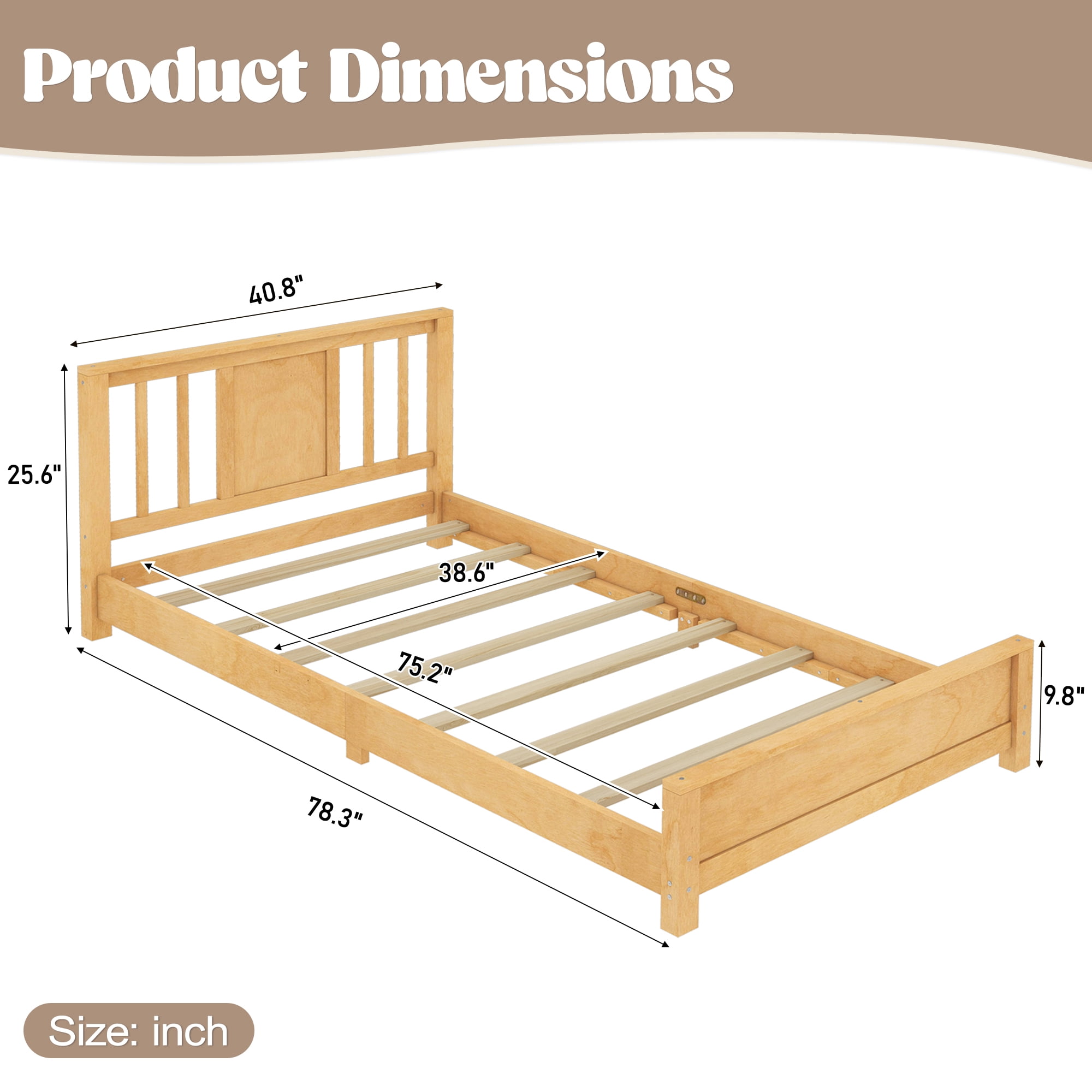 Miniyam Twin Bed Frame, Low Profile White Wood Platform Bed with Headboard, Footboard and Slat Support, Natural