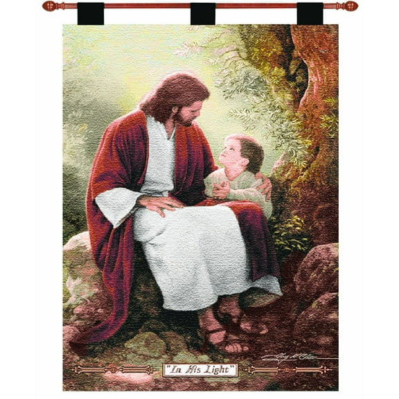 Manual Inspirational Collection 26 x 36 Inch Christian Hanging Multicolor Woven Wall Art Tapestry D√©cor with Finial Rod, ‚ÄúIn His Light‚Äù by Greg Olsen, Portrait of Jesus & Small Child