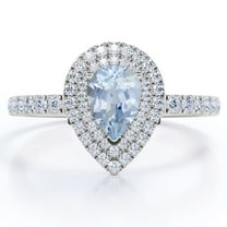 JeenMata Pave Setting - 1.75 Carat Teardrop Deep Blue Created Aquamarine and Moissanite - Dual Cluster Engagement Ring - 18K White Gold Plating over Silver