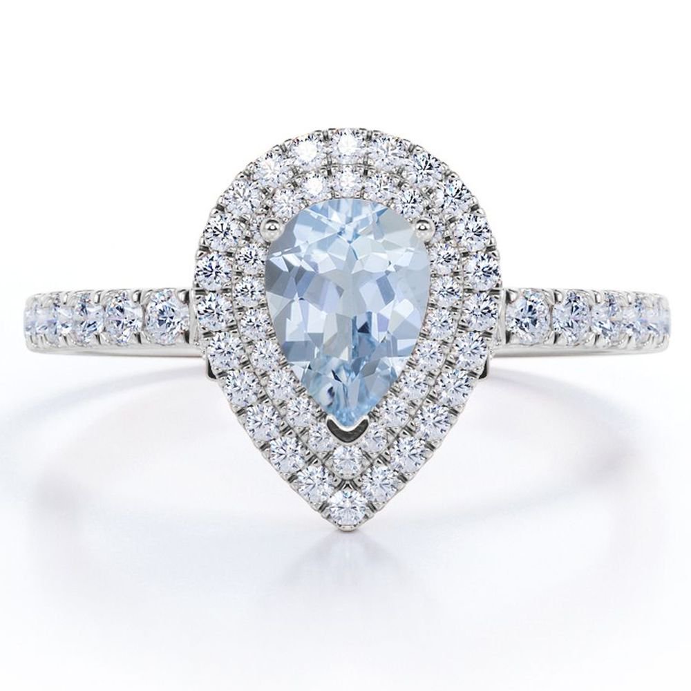 JeenMata Pave Setting - 1.75 Carat Teardrop Deep Blue Created Aquamarine and Moissanite - Dual Cluster Engagement Ring - 18K White Gold Plating over Silver