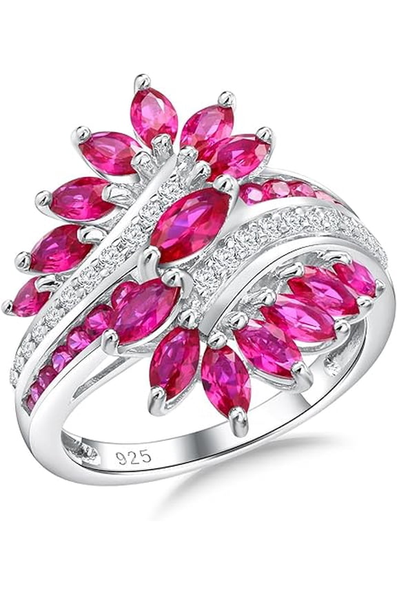 2.00 Ct Marquise Cut Ruby & Diamond Engagement Wedding Cluster Band Ring 14K White Gold Plated 925 Sterling Silver For Women's -7
